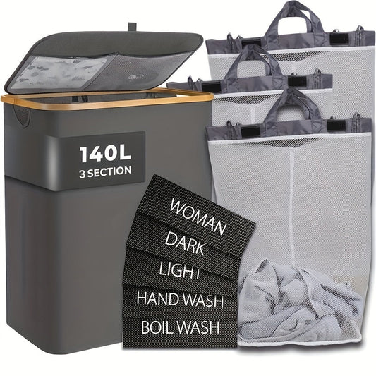 Foldable laundry hamper with lid, featuring 3 sections, removable bags, labels, and handles for easy carrying. Ideal for organizing bedrooms, bathrooms, and dorm rooms. Comes in a stylish grey color. Great for sorting and transporting laundry.