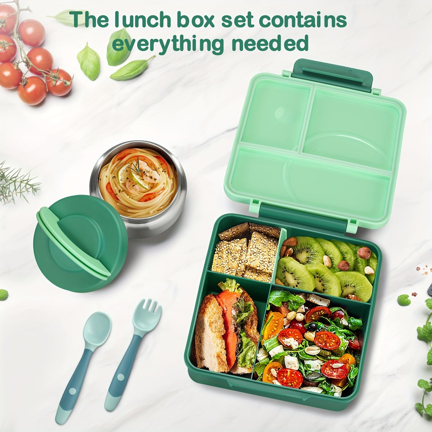 Bento lunch box set with 8oz soup thermo, leak-proof containers with 4 compartments, kids hot food jar, and insulated lunch bag.