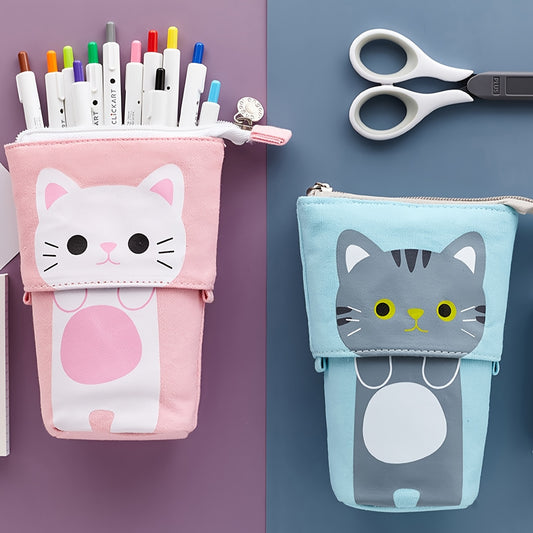 Canvas cat pencil case with zippered expandable design, 2-in-1 telescopic pouch for students.