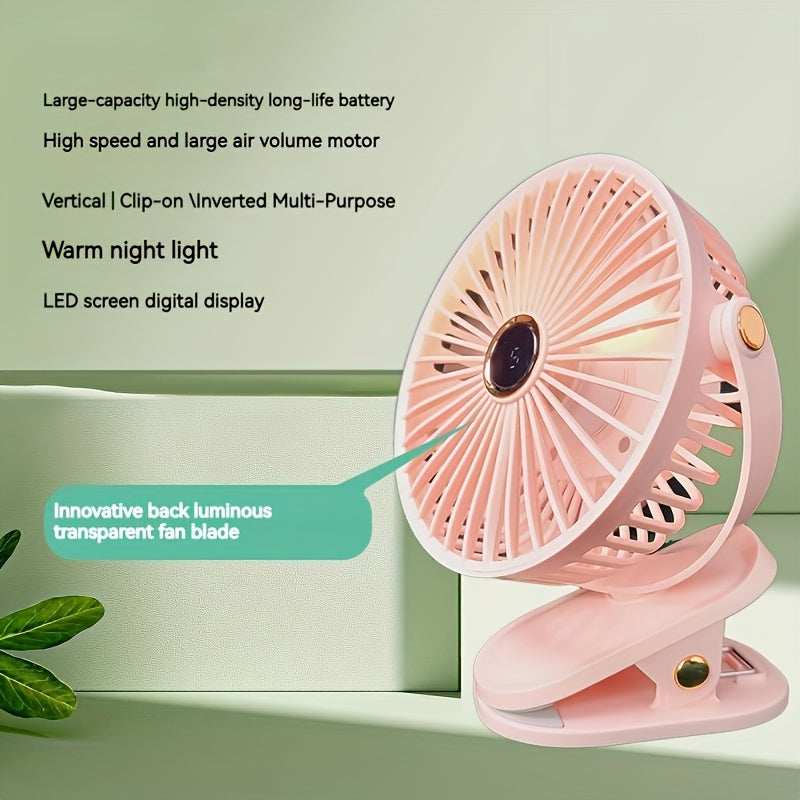 Compact LED Display Mini Desk Fan with USB Charging Clip, Night Light Feature - Quiet High-Speed Motor, Long-Lasting Battery for Office, Fishing, Camping, and Travel.