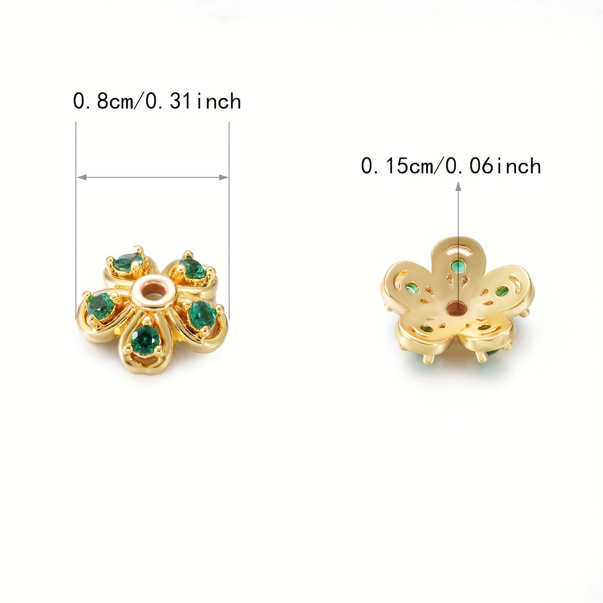 Brass Flower Bead Caps with Synthetic Cubic Zircons - Set of 20 pieces in a bag, including 10mm, 8mm, and 6mm sizes. Perfect for creating stunning jewelry pieces.