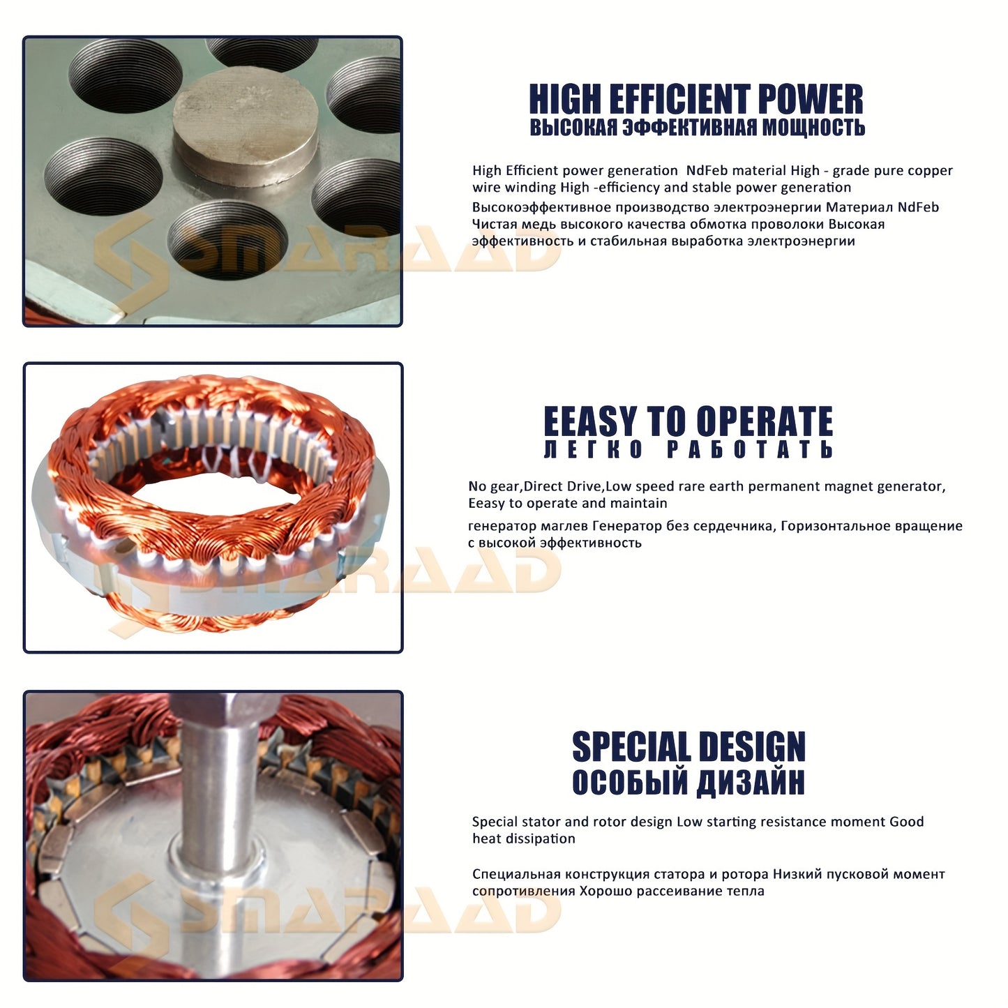 500W high-efficiency motor for wind turbines, quiet and compact permanent magnet generator. Ideal for water conservancy. Single axis, three-phase, 12/24V low speed, 300W-400W.