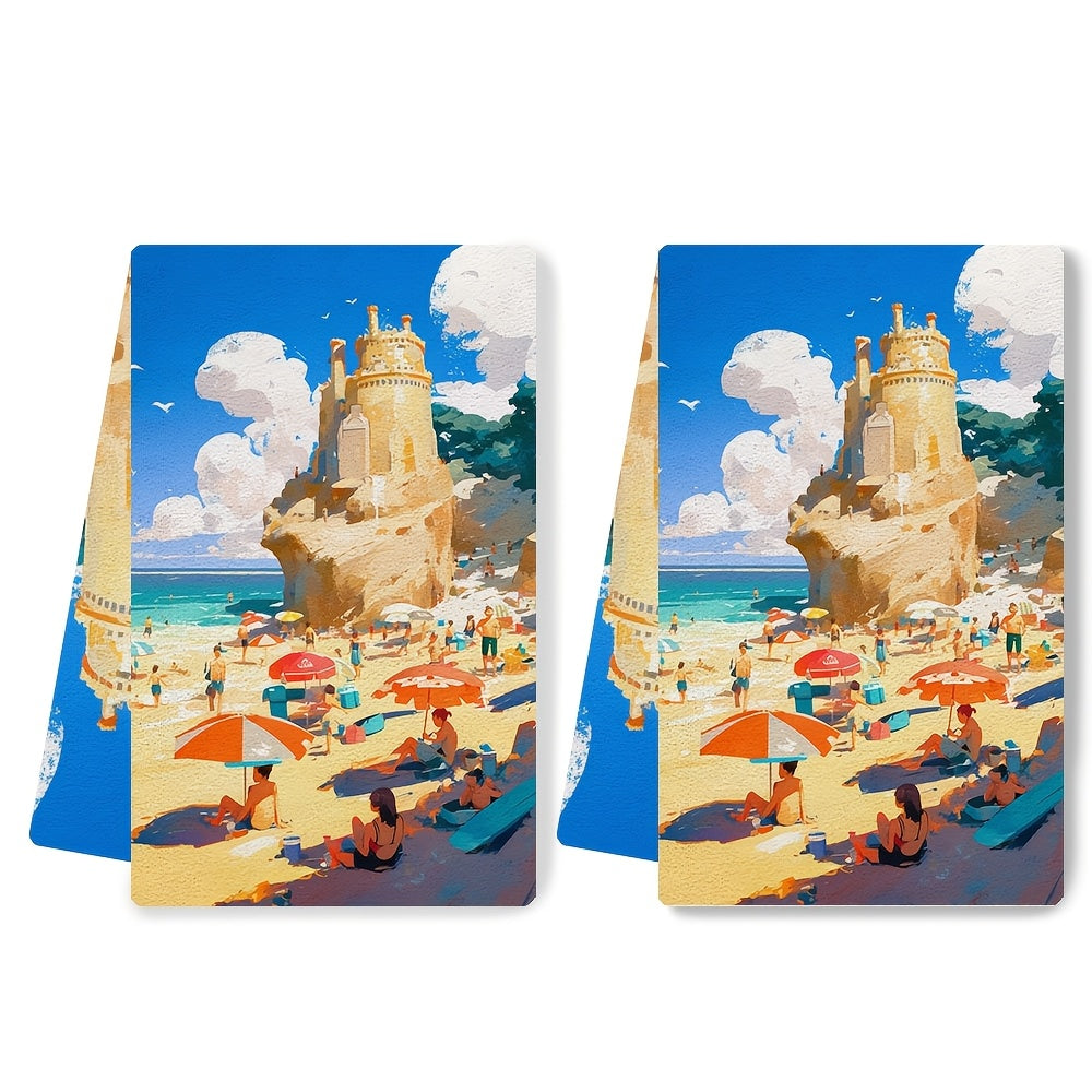 2 pieces of ultra soft kitchen towels, perfect for a day spent at the beach building sandcastles and swimming. These highly absorbent dish hand towels are ideal for holiday decor. Machine washable and measuring 16x24 inches. Item number: 2KYSMF1214209