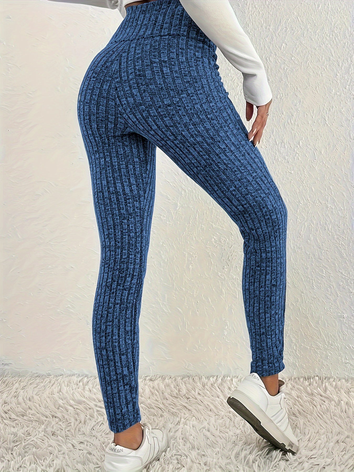 Plus size high waist solid color knit leggings in polyester fabric, suitable for autumn/winter.