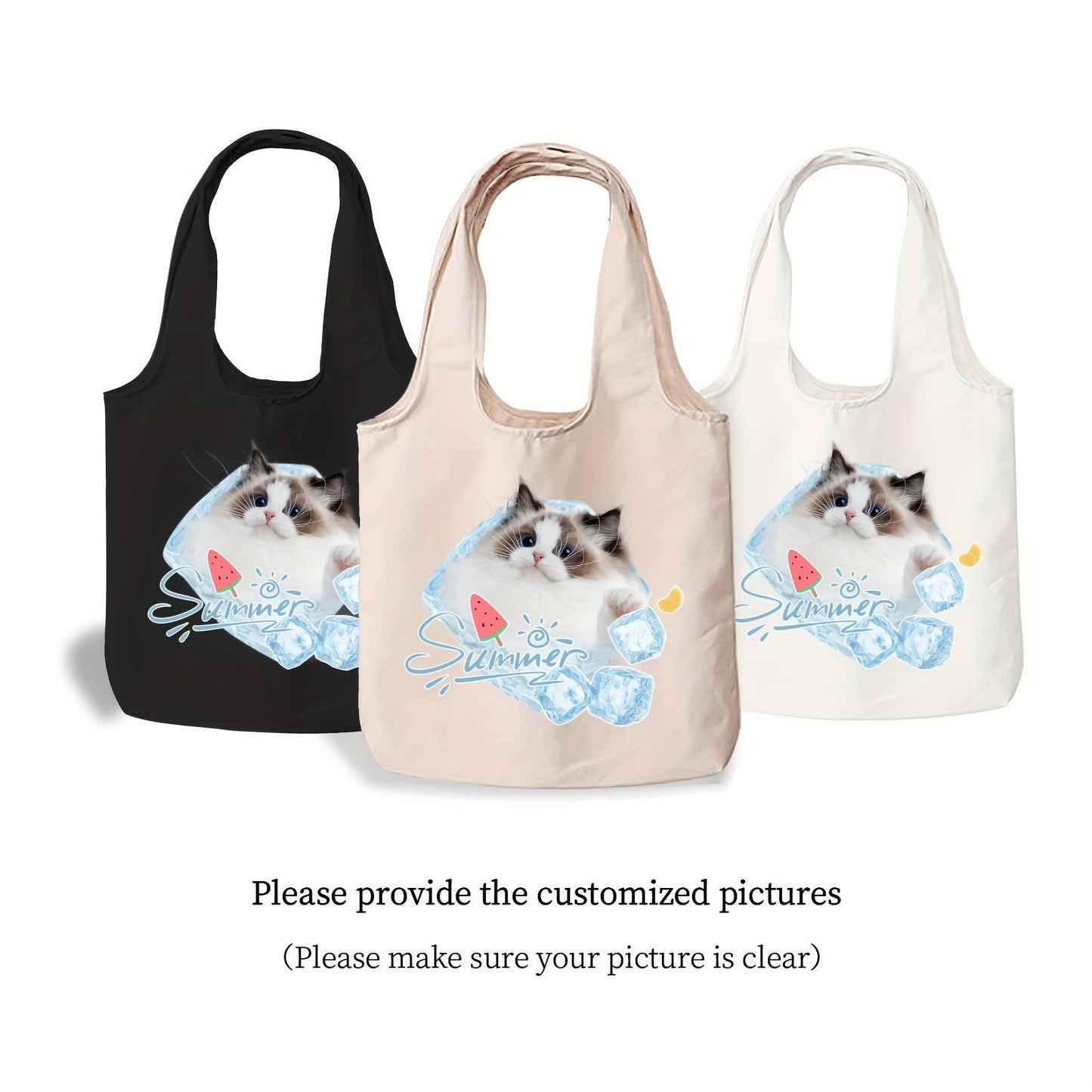 Two pieces of personalized canvas tote bags with customizable pictures, perfect for daily commutes, outdoor picnics, parties, traveling, and shopping.