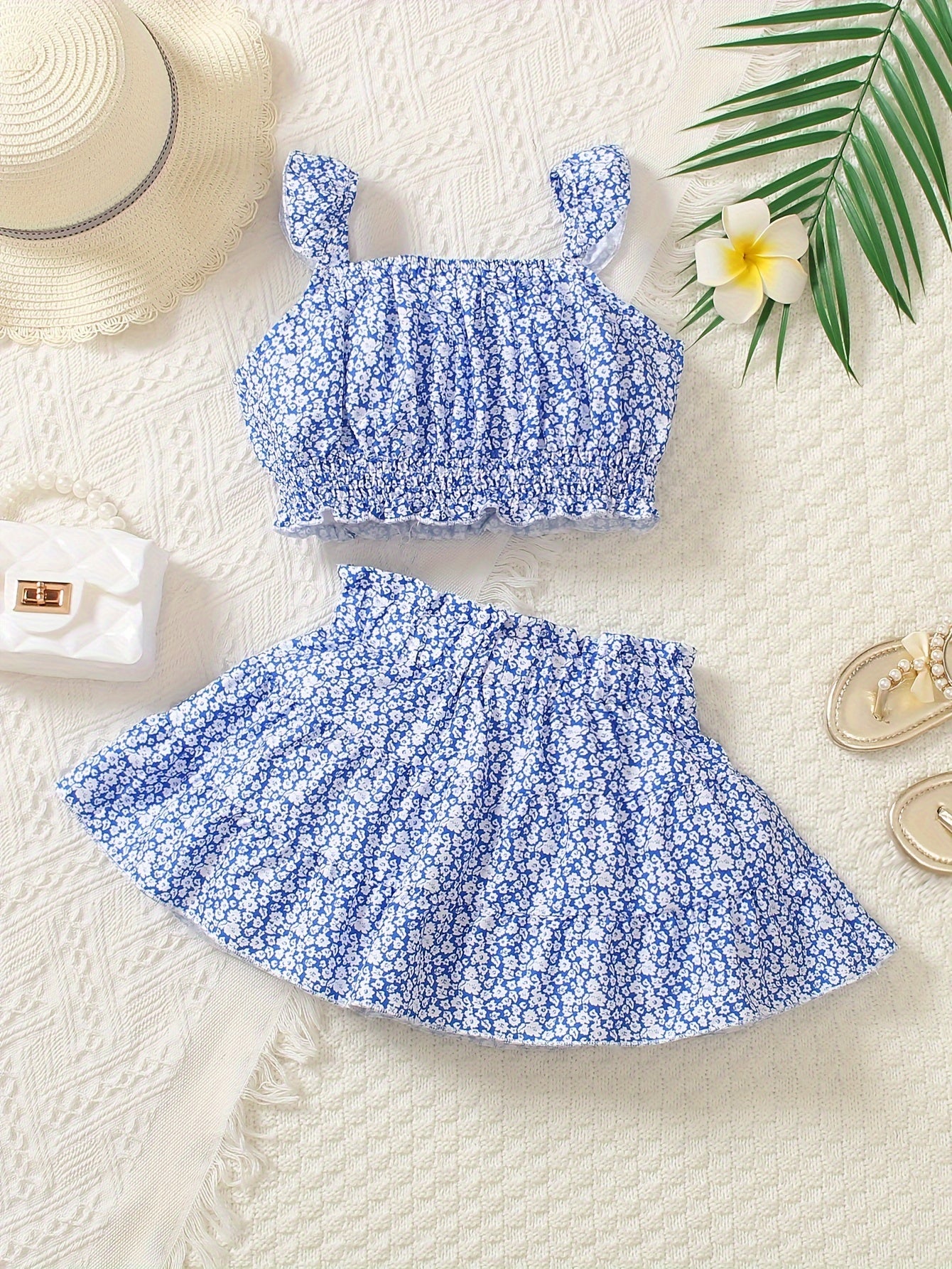 Floral Girls 2PCS, Crop Top + Skirt Set for Summer Outdoor Vacation