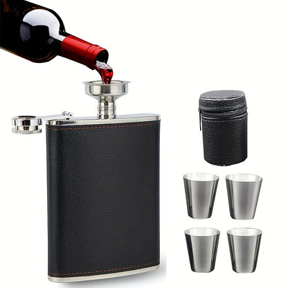 8oz stainless steel flask set with leather wrap, 4 cups, and funnel. Leak-proof for whiskey, rum, and vodka. Perfect gift for men and women.