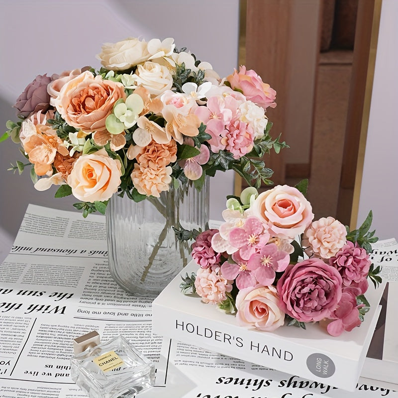 1pc Elegant Artificial Rose and Peony Bouquet - Ideal for Weddings, Parties, Home Decor | Multi-Room Display, Vase Not Included | Plastic Flowers in Pink, Orange, Beige, White