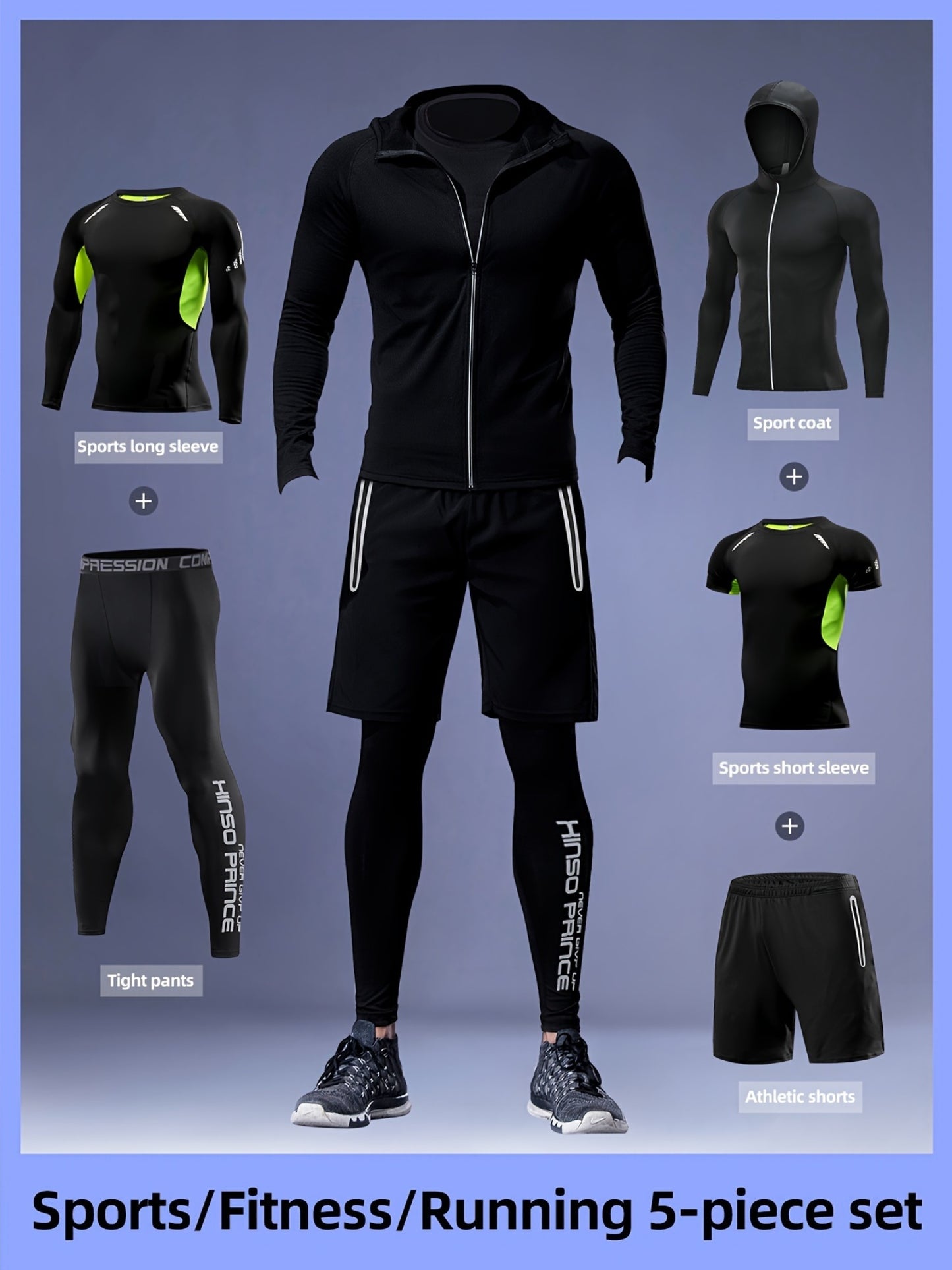 Men's athletic sportswear set includes 5 pieces made of polyester knit fabric with a skinny fit, zipper detail, and hooded jacket. Set includes long and short sleeve tops, tight pants, and