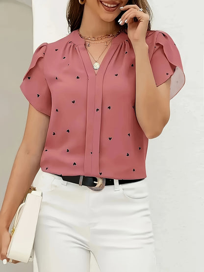 Light blue heart pattern V-neck blouse for women in casual polyester/spandex, available in petite sizes, machine washable, everyday fashion with smooth texture.