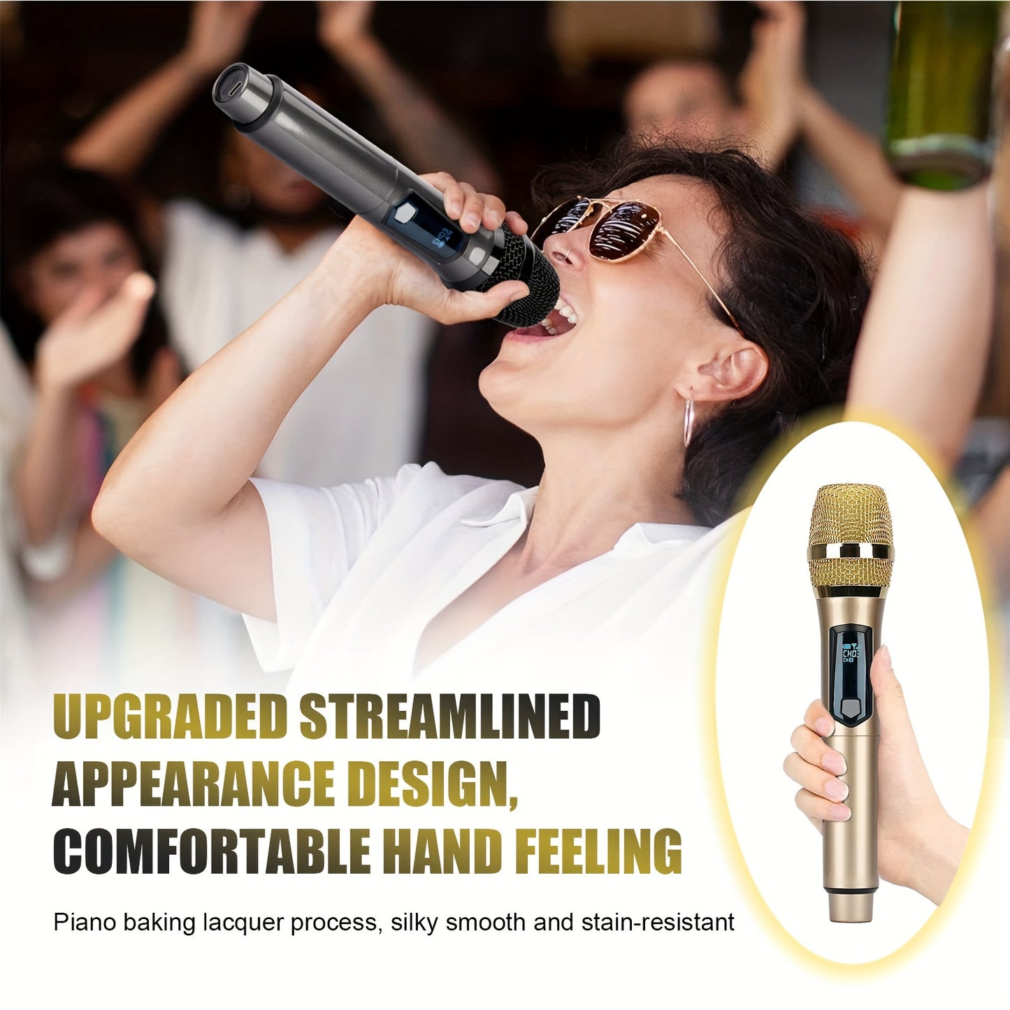 Universal wireless microphone with dual channels, rechargeable, plug-and-play, suitable for various uses such as karaoke, speeches, weddings, church services, and public address systems.