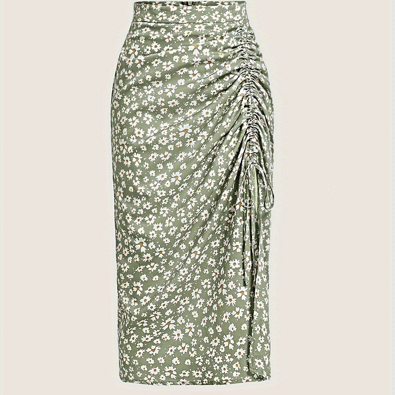 Floral Print Drawstring Ruched Skirt, High Waist Midi Skirt for Spring & Summer, Women's Clothing