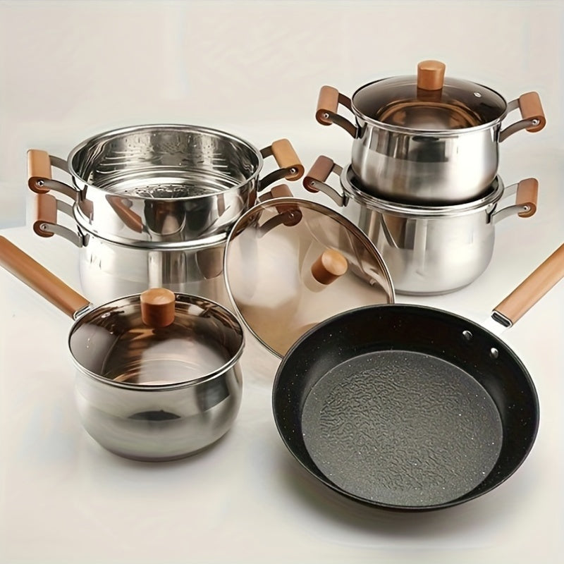 Stainless Steel Cookware Set includes 10 pieces, featuring frying and boiling pots, a non-stick skillet, and other versatile kitchen essentials. Suitable for use in both home kitchens and restaurants, this set is compatible with induction, gas, and