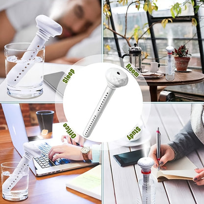 Compact USB-powered cool mist humidifier, perfect for travel, office, hotel, car, and home. No need for a water bottle, simple to use with a soakable swab.