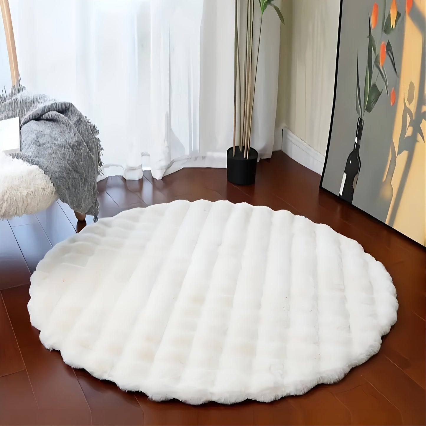 The Luxurious Plush Round Mat offers Minimalist Elegance - Featuring Ribbed Texture Design, this Ultra-Soft, Machine Washable, Non-Slip Polyester Mat comes in White or Pink. Ideal for Bedroom, Living Room, Closet, Dressing Area, and Home Decor, these