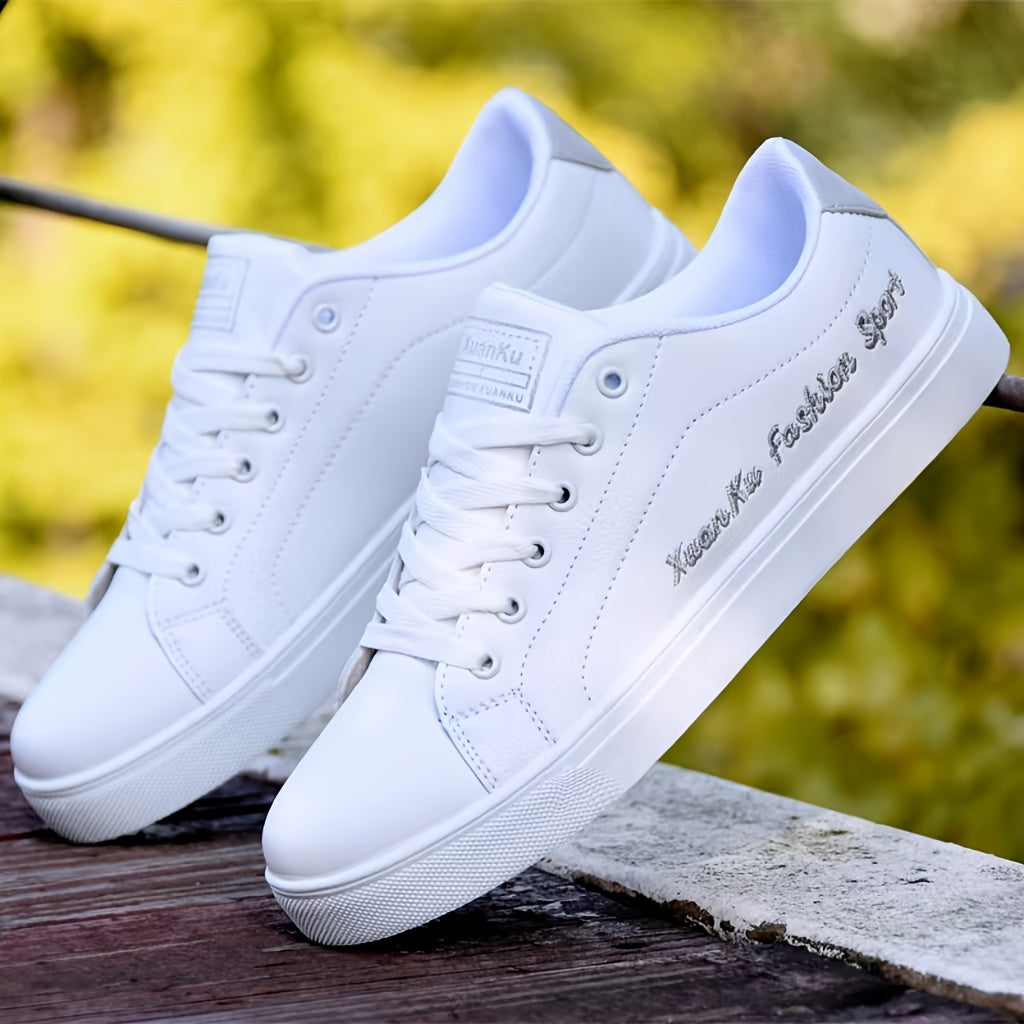 Men's letter print skateboarding shoes with low top lace-up design for casual, sports, and daily wear in all seasons.