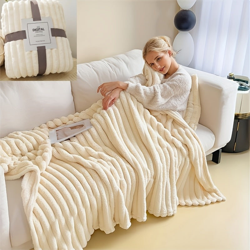 This elegant imitation rabbit fur shawl blanket is crafted from 100% polyester, featuring a soft knit fabric that provides all-season comfort. Versatile for use on the sofa, bed, in the office, or while traveling, this contemporary striped design is sure