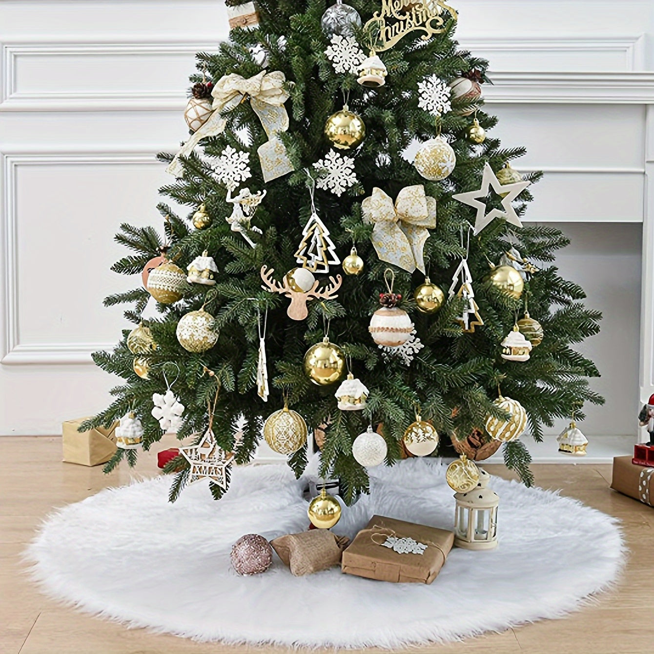 White plush Christmas tree skirt measuring 77.98cm, perfect for festive tree decor with ornaments.