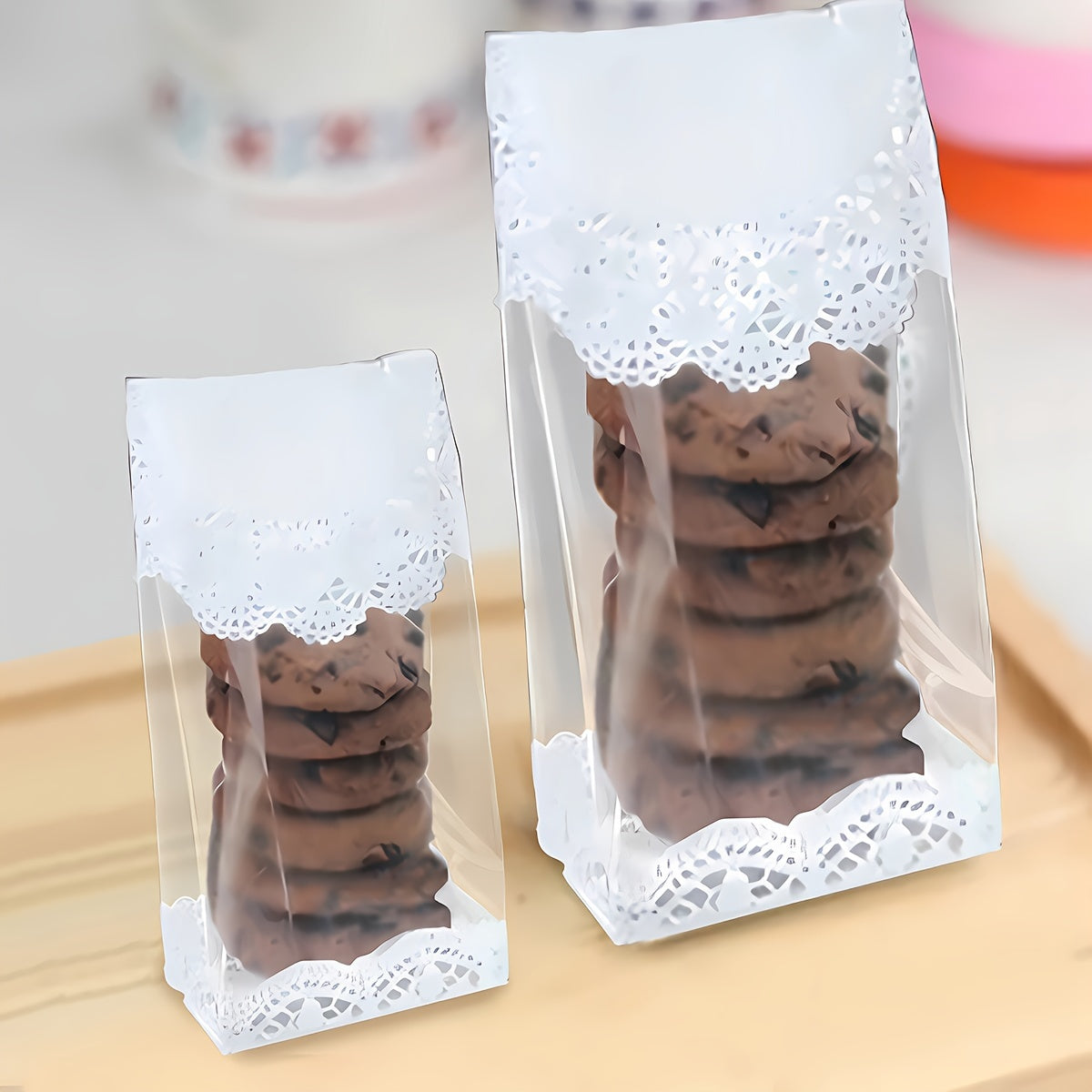 50 reusable produce bags with white lace pattern for food packaging. Features a window for easy viewing, leak proof design for storage, and perfect for kitchen organization and accessories.