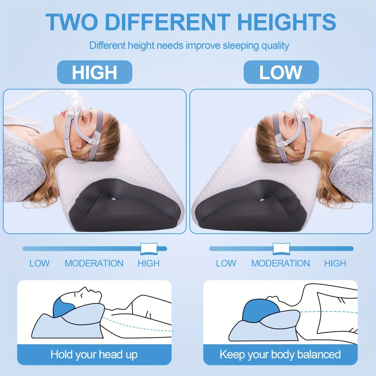 Get a 1-piece memory foam pillow designed specifically for side sleepers. This cervical pillow is perfect for relaxation and ideal for those using CPAP machines. Say goodbye to air leaks, hose tangles, and mask pressure with this Sleep Apnea Pillow. It