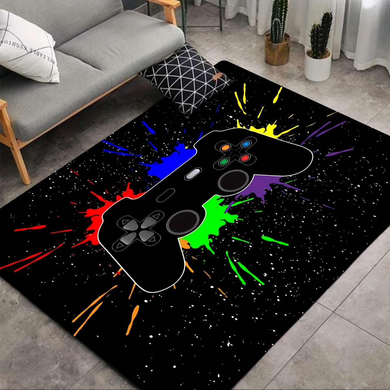 Enhance your gaming setup with a 1pc gaming area rug featuring a gamepad controller theme. This cyberpunk stylish washable mat is perfect for your living room, bedside, or e-sports room, adding a touch of flair to your home decor.