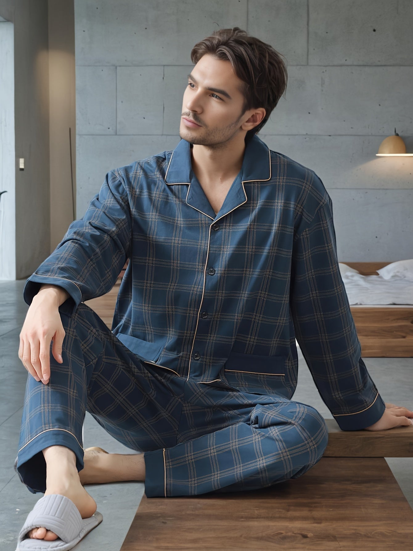 Men's spring and autumn two-piece pajamas with long sleeve trousers, cardigan, turnover collar, loose fit, casual plaid design for adults and youth.