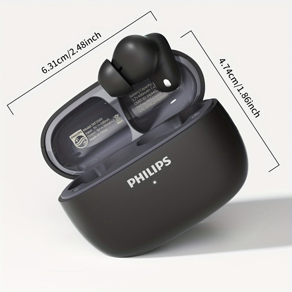 New Philips BT Earphones with Wireless Charging Case, 24-hour Playtime, Mic, Touch Control, TAT2569, for Gaming, Running, Cycling.