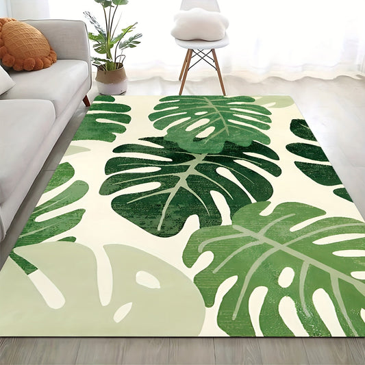 Green Plant Pattern Soft Area Rug, made of modern style polyester with a thick and luxurious rectangular design. Ideal for living rooms, bedrooms, kitchens, and indoor decor. This absorbent rug features a non-slip mat and foam pad for added comfort.