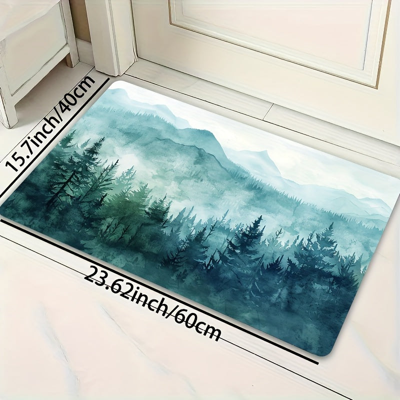 Forest Big Mountain Pattern Bathroom Carpet with Foam Cushion and Skid-Proof Bottom for Kitchen, Living Room, Bedroom, and Indoor Spaces. Machine Washable Entrance Doormat for Home Decor.