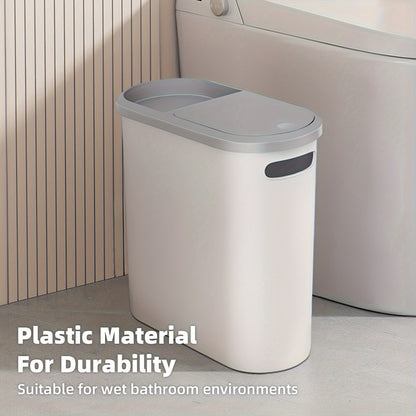 Durable plastic trash can with built-in handle for small spaces such as bathrooms, laundry rooms, and home offices.