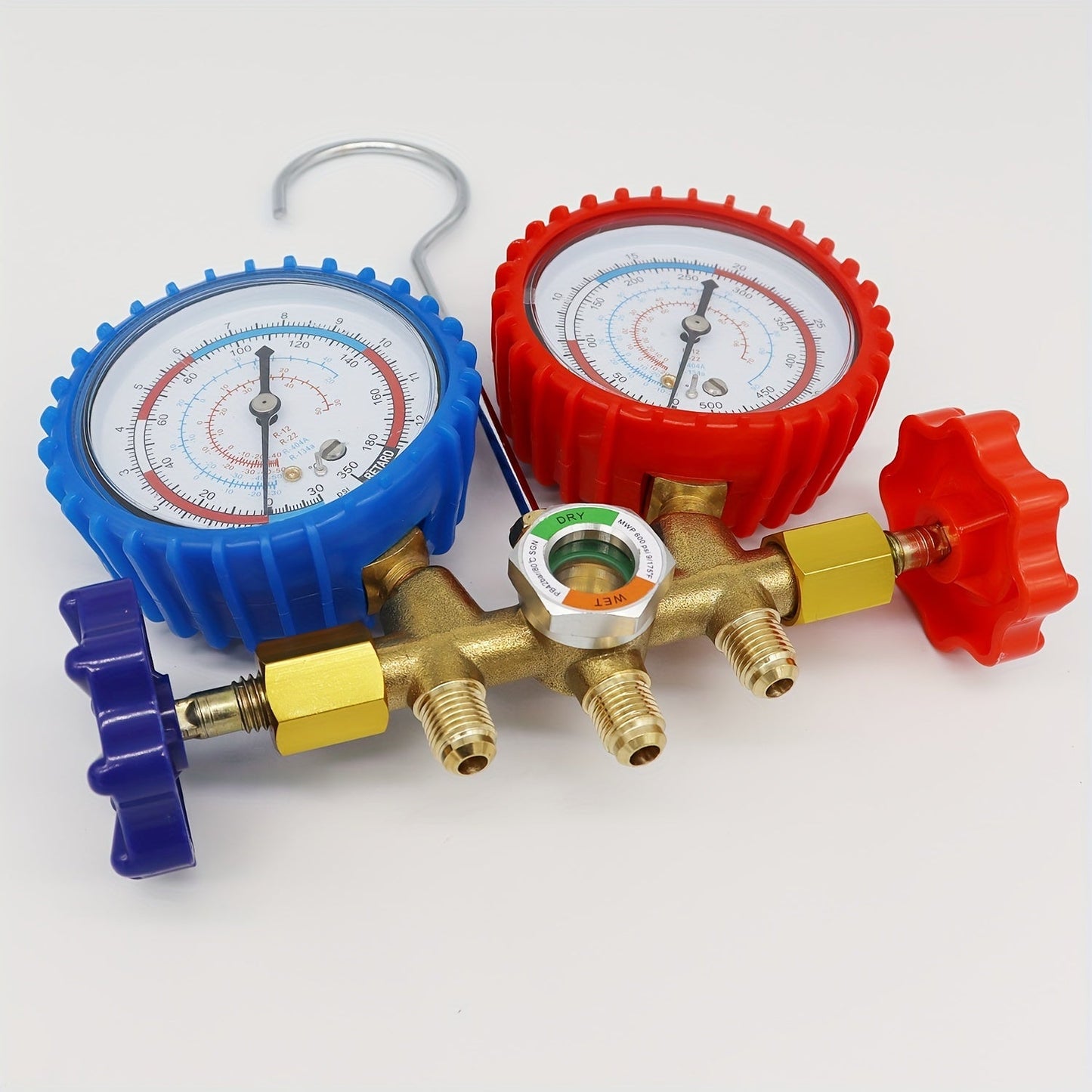 HVAC & Auto 3-Way AC Manifold Gauge Set - Refrigerant Charging Tool with Quick Couplers and Valve Core Kit - Works with R404A, R134A, R12, R22 refrigerants