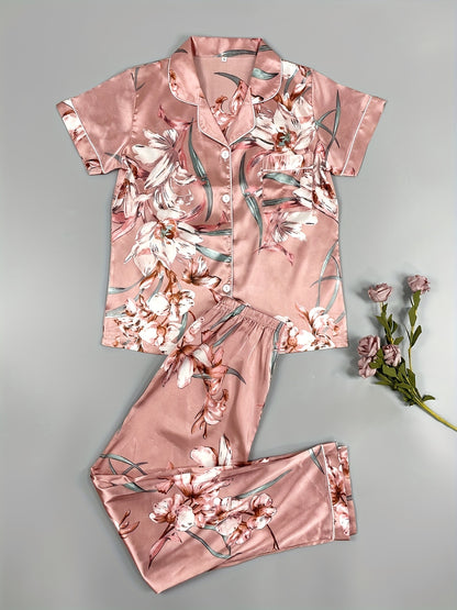 Three sets of six-piece satin pajama sets for women with printed short-sleeved buttoned cardigan tops and elastic waist trousers in a variety of colors.