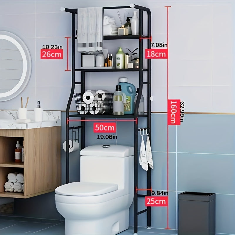 Classic Black Metal Corner Shelf Unit with Hanging Rod - Space-Saving 3-Tier Bathroom Storage Rack for Laundry & Restroom, Perfect for Washer and Toilet Areas, Bathroom Organizers And Storage Solution