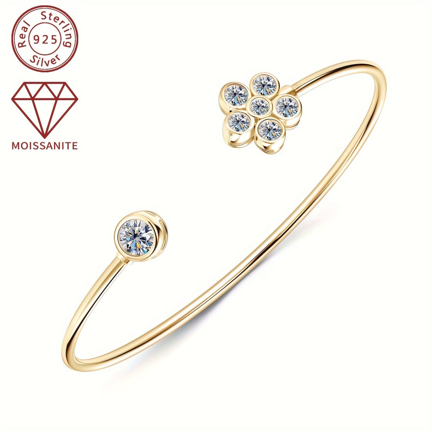 Adjustable Open Cuff Bracelet with Synthetic Moissanite Stones, 925 Silver and 14K Golden Plating, April Birthstone, Elegant Floral Design for Women, 1.06ct Total Weight - Perfect Accessory for Christmas and Wedding