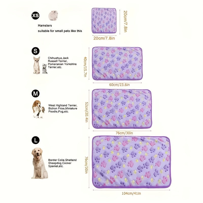 Paw print patterned pet fleece blanket, machine washable and stain resistant, suitable for all dog sizes.