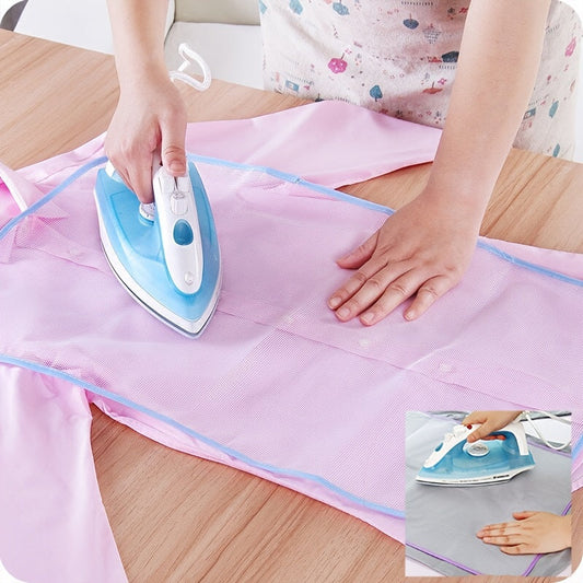 Heat-resistant ironing mat made of high temperature resistant material, featuring a protective mesh ironing cloth and non-electric heat insulation pad for clothes, constructed with durable plastic material.