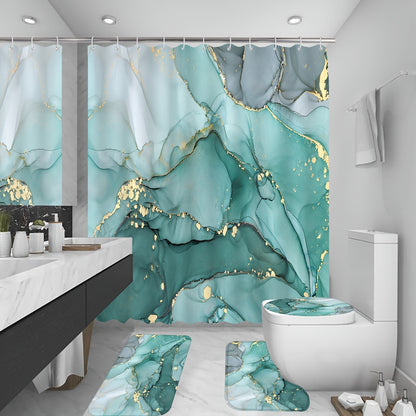 Teal Marble Pattern Shower Curtain Set with Mats and Hooks, Waterproof and Aesthetic Bathroom Decor