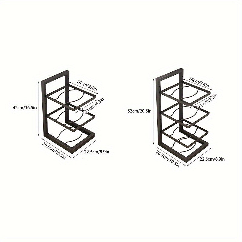 Stainless steel pot rack with adjustable height, available in 3-tier or 4-tier options. Ideal for kitchen or restaurant use, with durable metal construction and space-saving design.