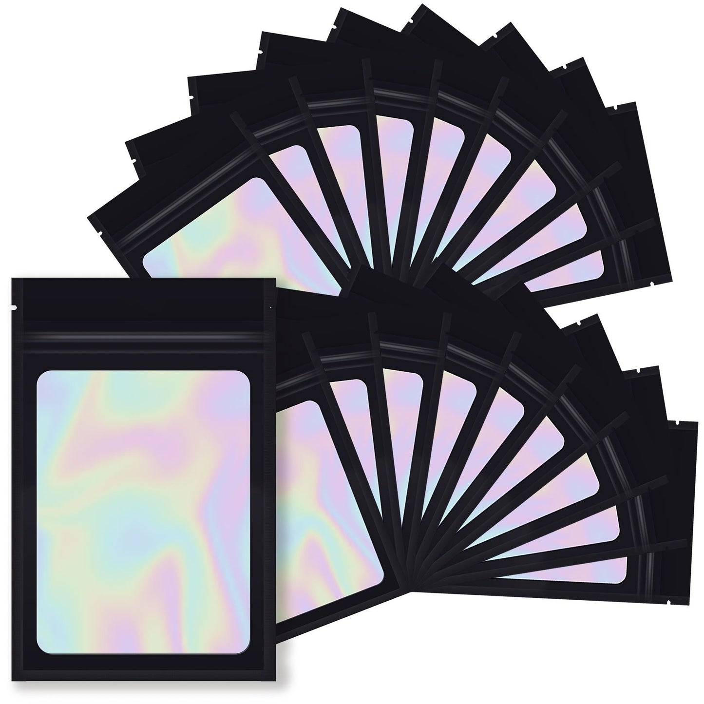 A set of 12 holographic storage bags with transparent windows that are self-sealing. These reusable pouches are made of aluminum foil and polyester film, making them odor-proof and safe for storing food. Perfect for party snacks, candies, jewelry, and