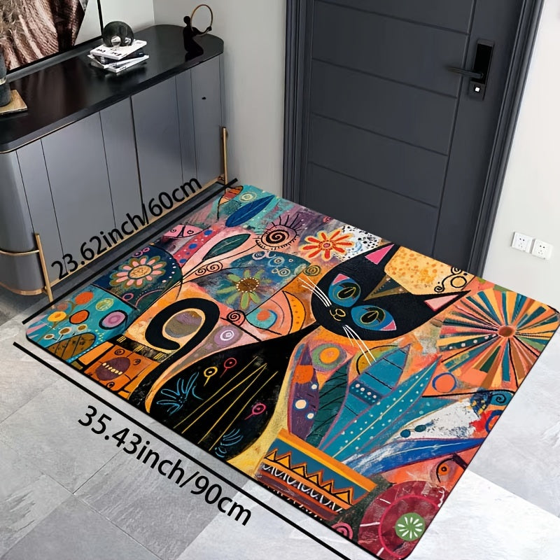 Abstract Art Cat Doormat - Easy to Clean in Washing Machine, Non-Slip PVC Backing, Made of Durable Polyester - Rectangle Mat for Bathroom, Kitchen, Living Room, or Bedroom - Stylish Entryway Decor Rug