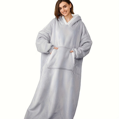 A cozy and warm wearable blanket hoodie for women, featuring long Sherpa fleece and a hood. Perfect for adults, this blanket sweatshirt comes with huge pockets and a belt for added convenience. A great winter gift for girlfriends and moms.