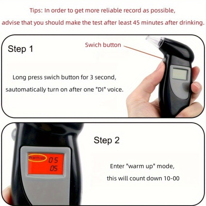 Portable digital breathalyzer with LCD display, high-accuracy BAC detector, and keychain. Requires batteries.