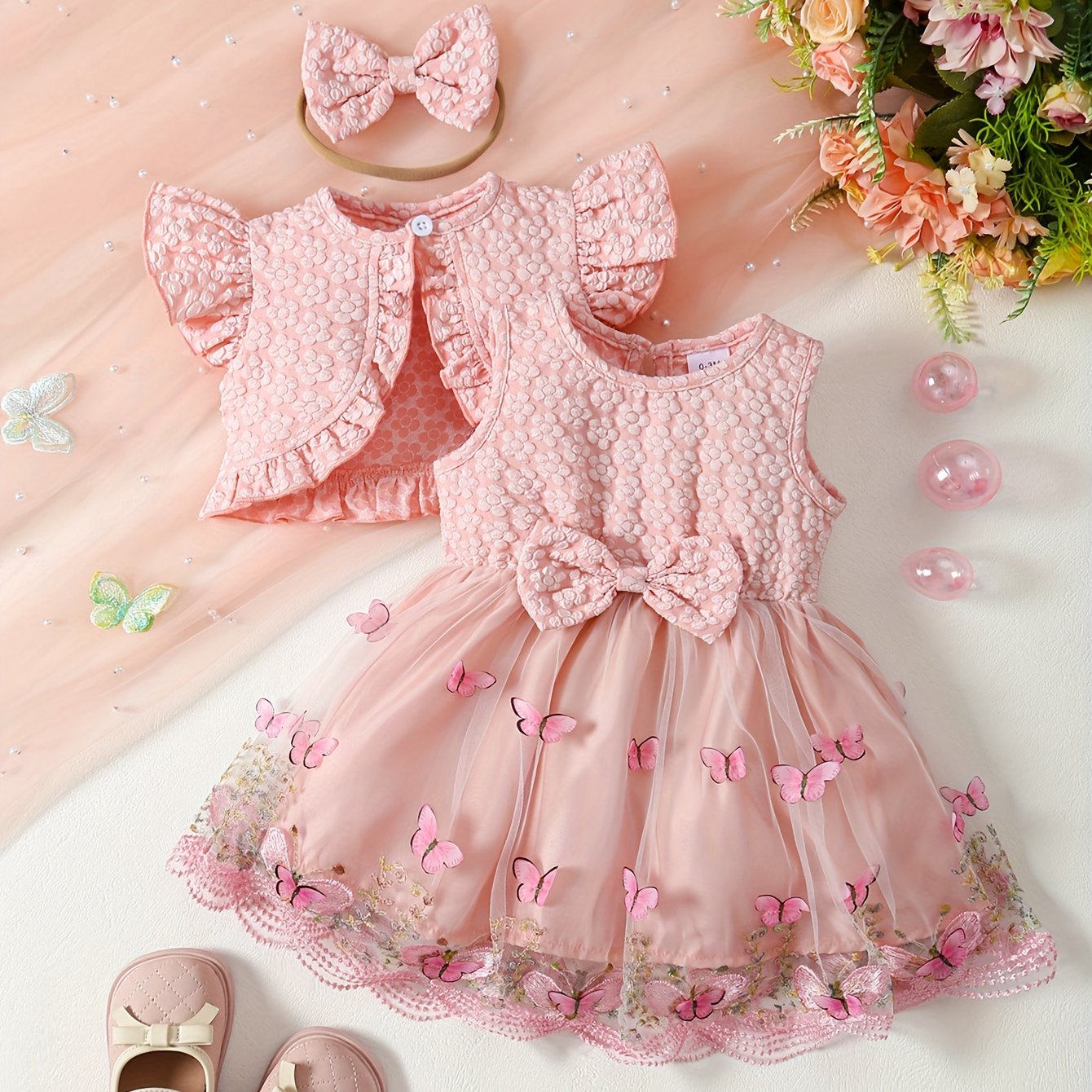 3-piece girls' summer outfit: Pink butterfly embroidered tulle dress with ruffle sleeves, polyester crop top with bow headband set. Machine washable, great for special occasions or outdoor