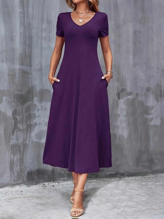 Women's Elegant Green V-Neck A-Line Dress with Pockets, Casual Polyester Blend, Machine Washable, Perfect for All Seasons, Comfortable Fashion with Glossy Texture.