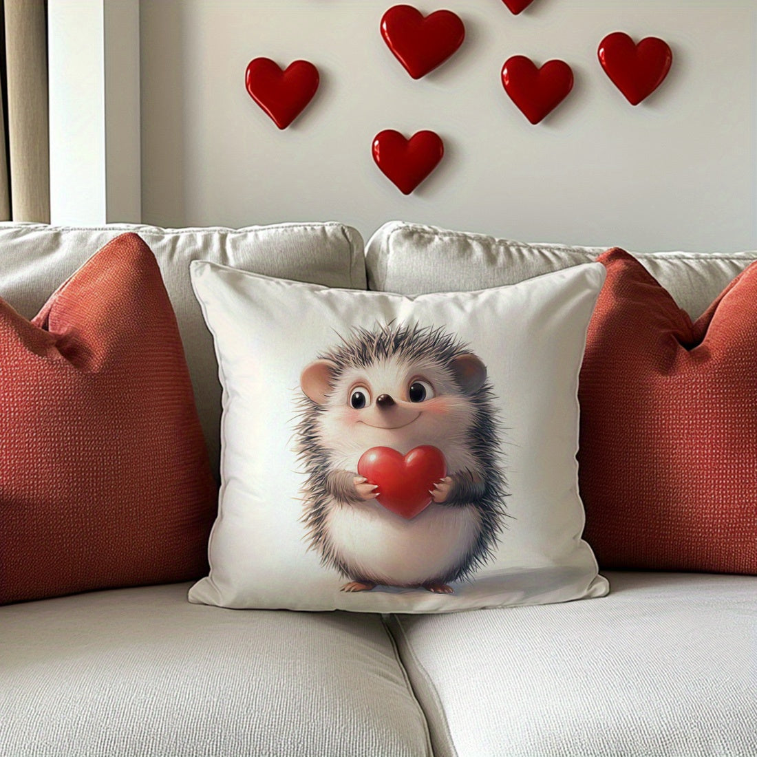 Hedgehog & heart print throw pillow cover, 44.96x44.96cm - Ideal for living room or bedroom decor. Made of machine washable polyester with zip closure. Insert not included.