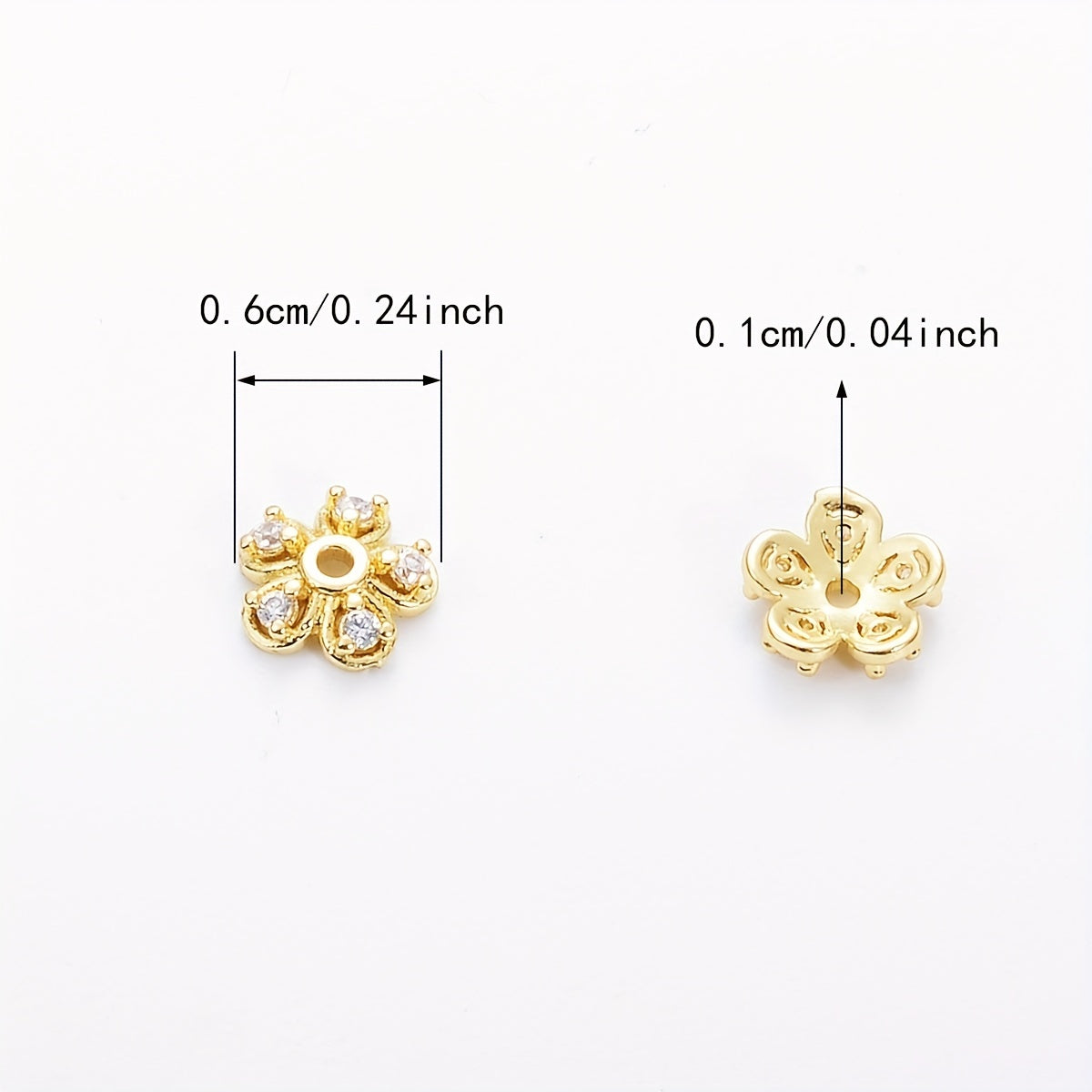 Brass Flower Bead Caps with Synthetic Cubic Zircons - Set of 20 pieces in a bag, including 10mm, 8mm, and 6mm sizes. Perfect for creating stunning jewelry pieces.