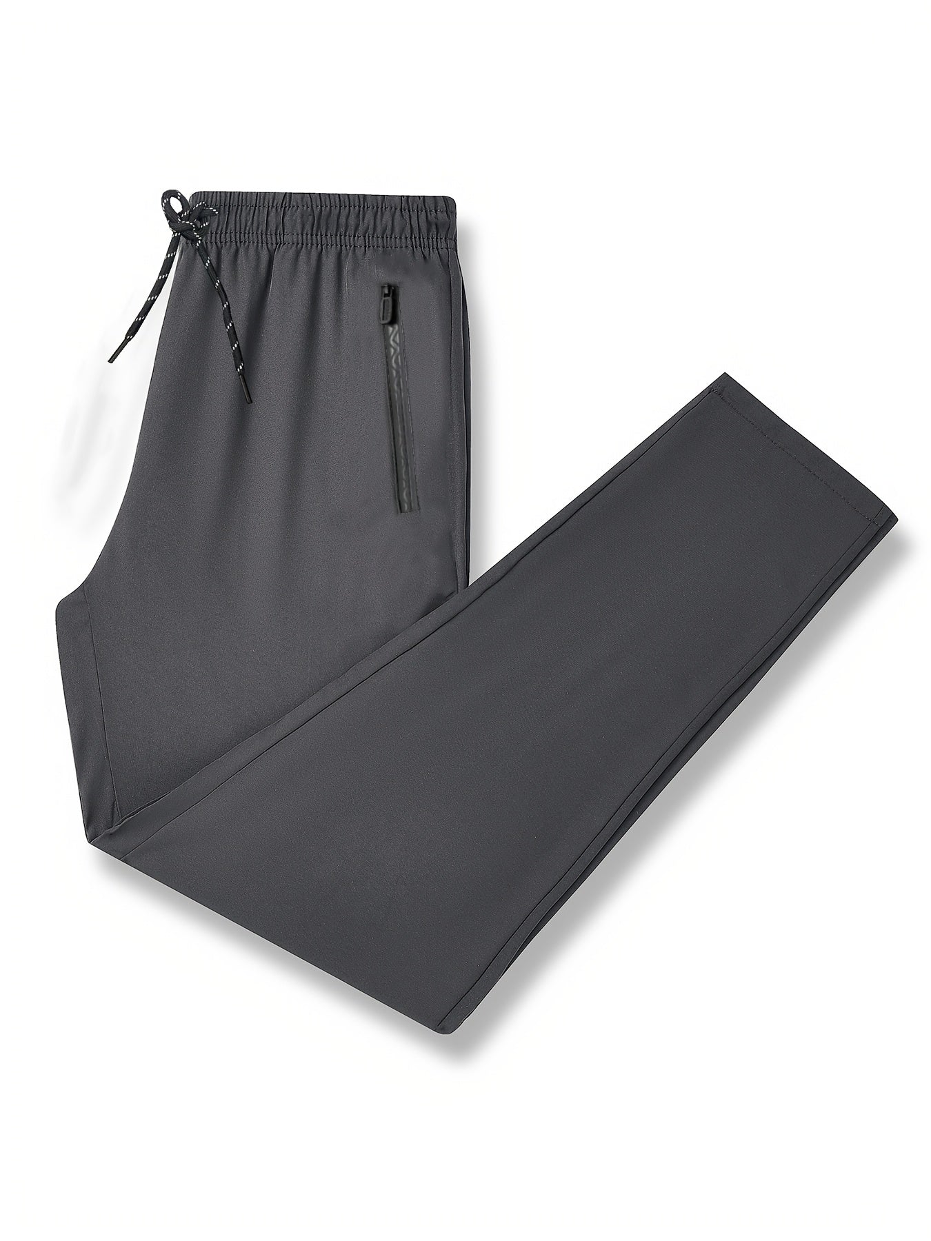 Men's casual sports running pants, polyester fabric with slight stretch, regular fit with zipper detail, breathable and quick-dry for spring/fall season.