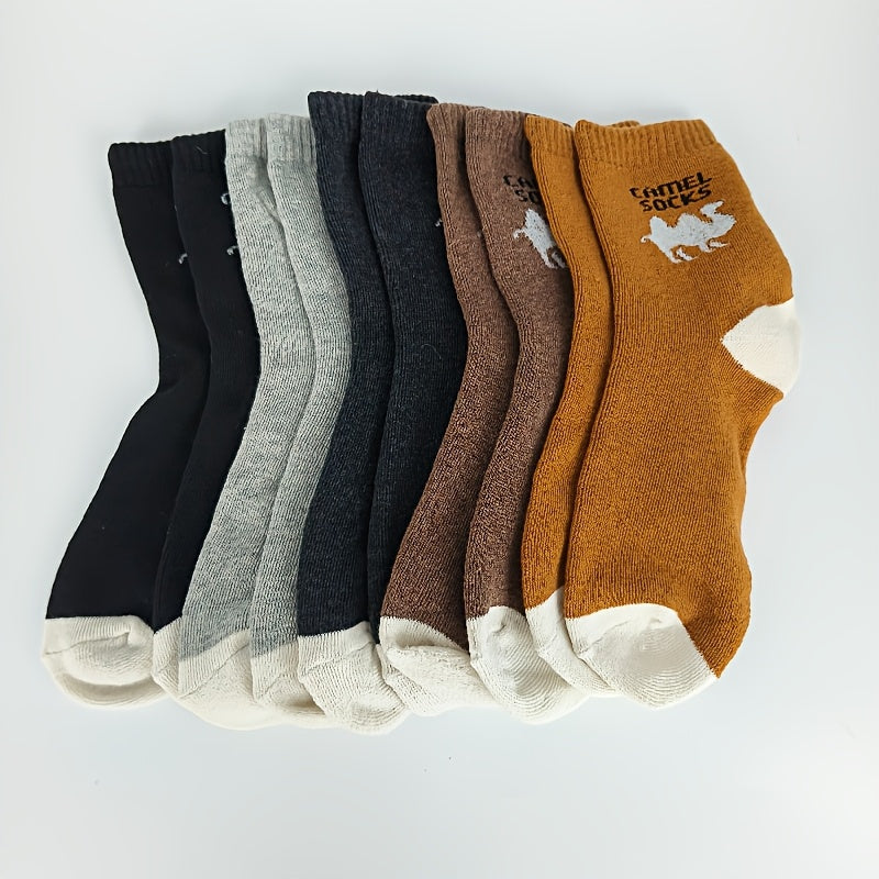 Men's 5-pack winter animal design socks with camel pattern, thick knit polyester material, warm plush terry loop, hand wash only, one size fits all.