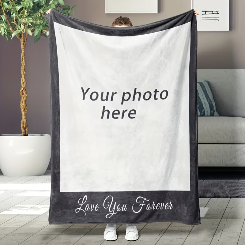 This unique Custom Photo Flannel Throw Blanket features a contemporary design and is made of 100% polyester, making it suitable for all seasons. This multipurpose blanket weighs 200-250gsm and is crafted with a cozy knit fabric. The "Love You Forever"