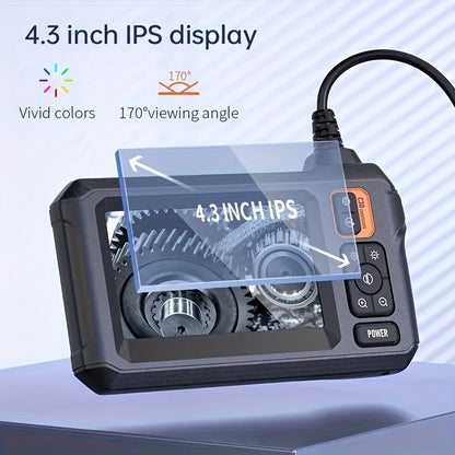 INSKAM Industrial Endoscope: 8mm digital borescope with 4.3" IPS display, 8 LED lights, and semi-rigid cable for auto repair, plumbing, and home inspection.